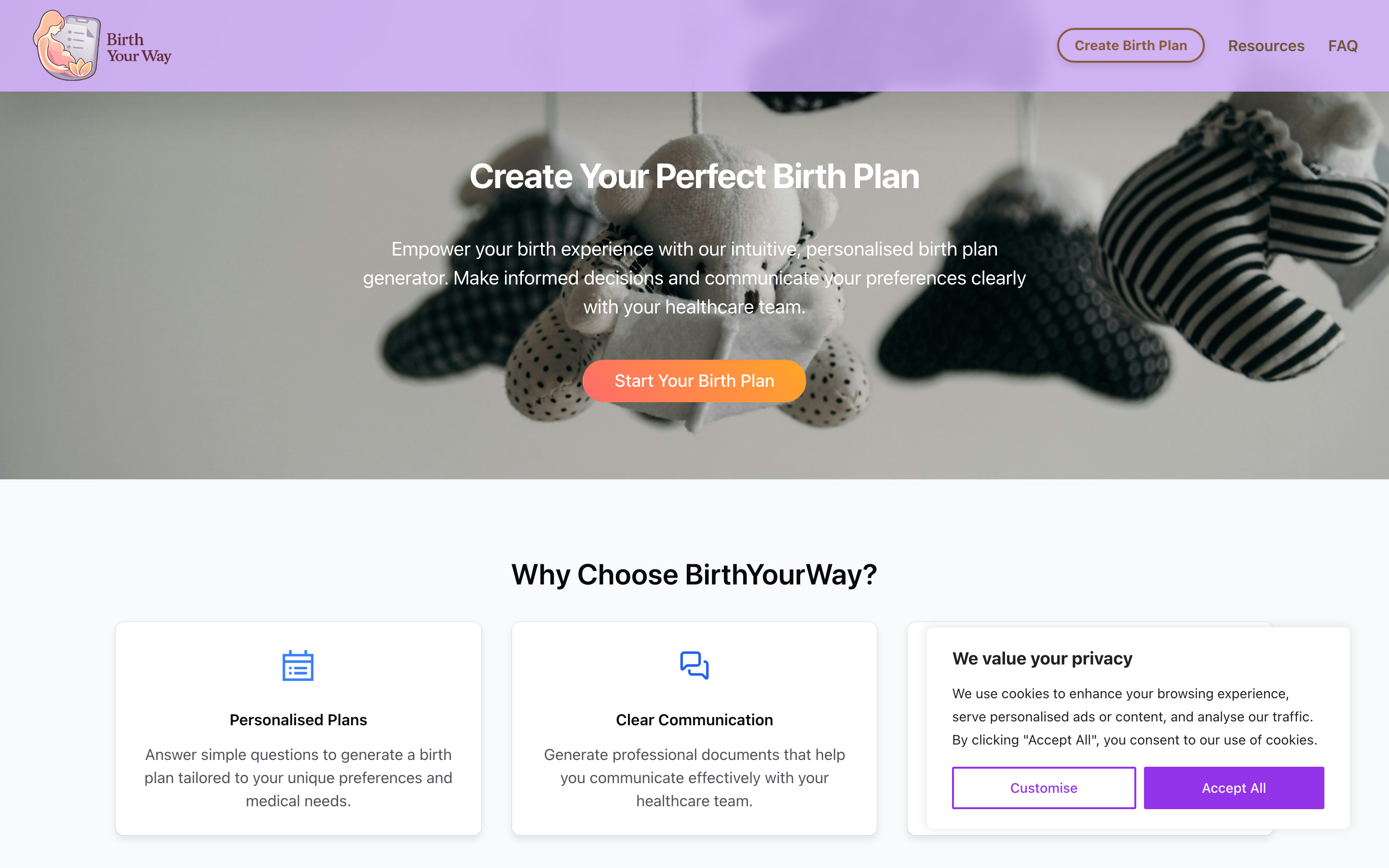 Screenshot of Birth Your Way app showing the birth planning interface