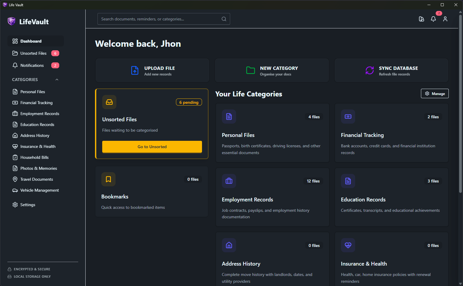 Screenshot of LifeVault dashboard showing organized personal files